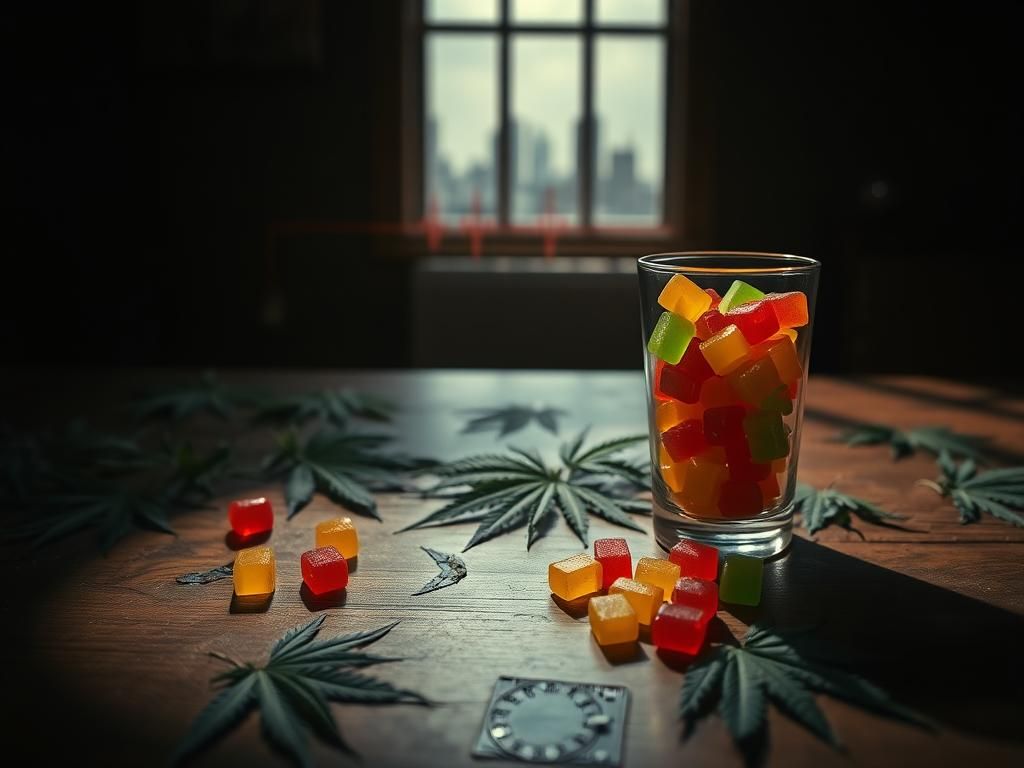 Flick International A darkened room with cannabis leaves and colorful gummy edibles on a wooden table, symbolizing the risks associated with marijuana use