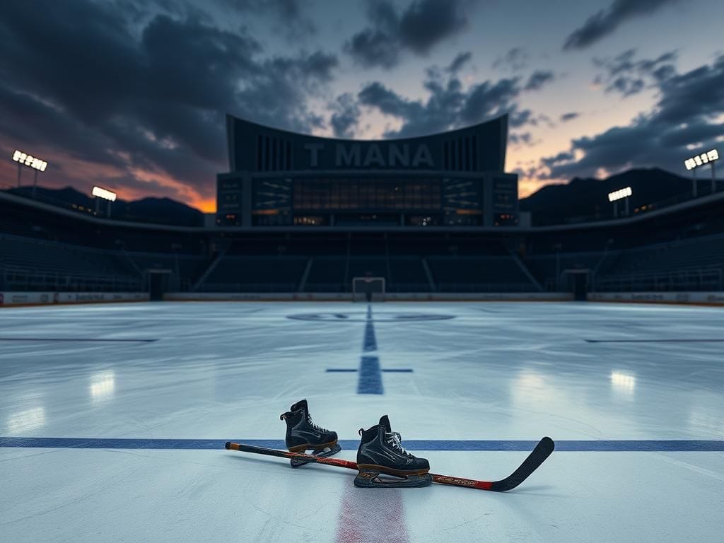 Flick International Empty hockey rink at twilight with T-Mobile Arena in the background
