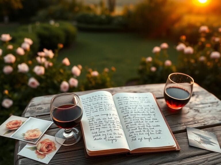 Flick International A serene outdoor scene with a wooden table, diary, and wine glass symbolizing reflections on love