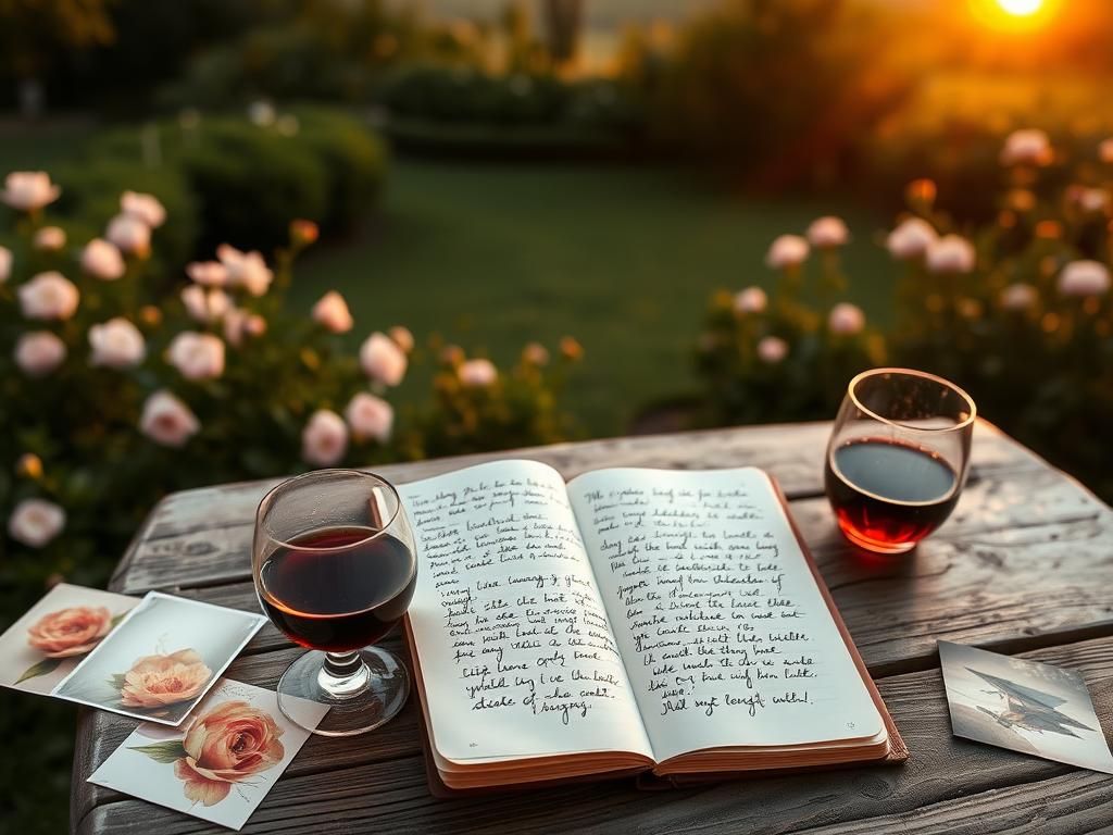 Flick International A serene outdoor scene with a wooden table, diary, and wine glass symbolizing reflections on love