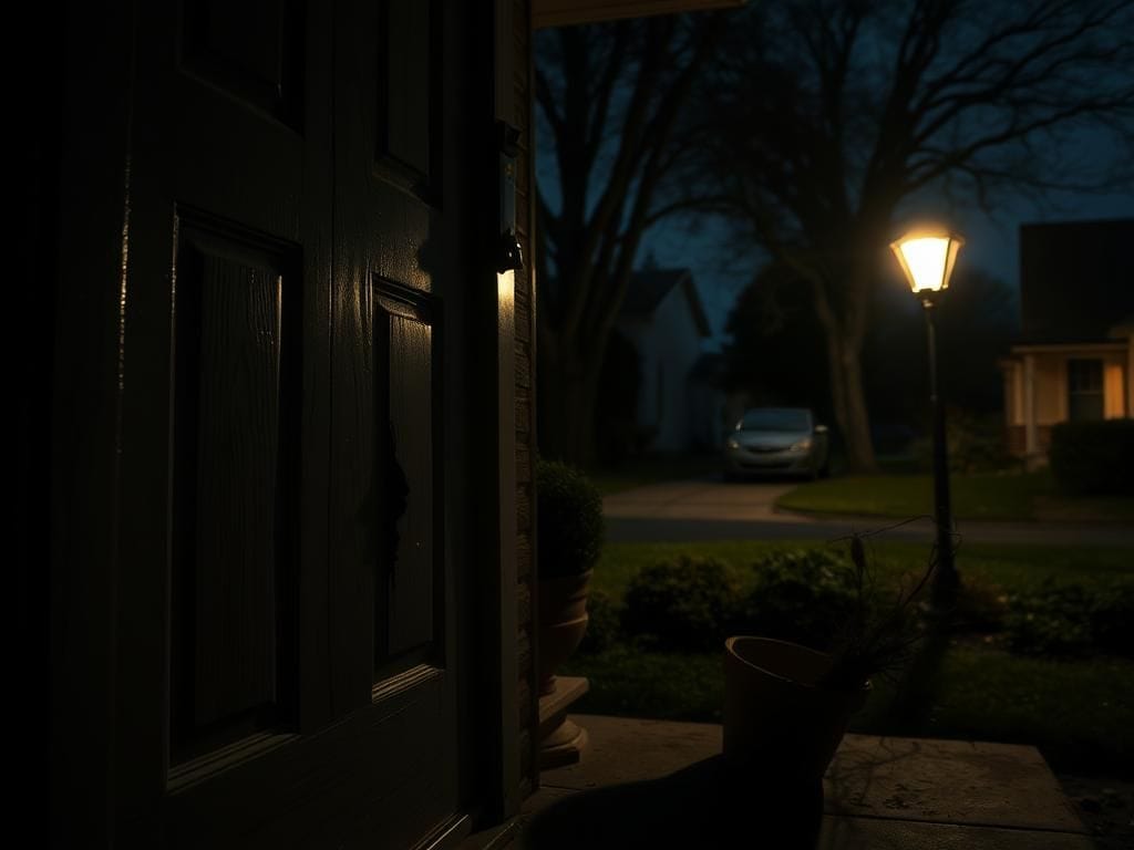 Flick International Close-up of a wooden front door showing scuff marks, indicating an attempted kick in a suburban neighborhood