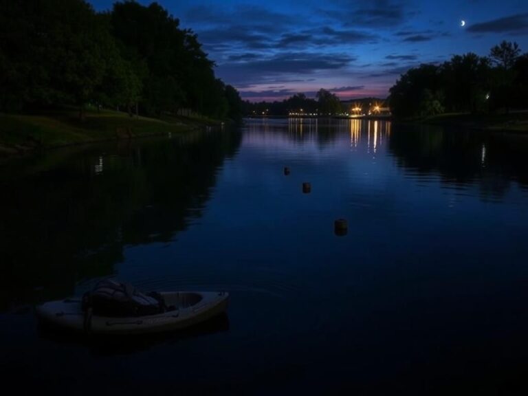 Flick International Serene view of Lady Bird Lake at twilight with kayak and floating life jacket