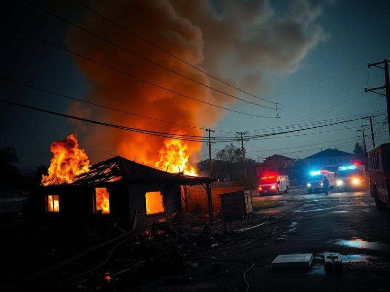 Flick International Charred remains of a Los Angeles home engulfed in flames after a fireworks explosion