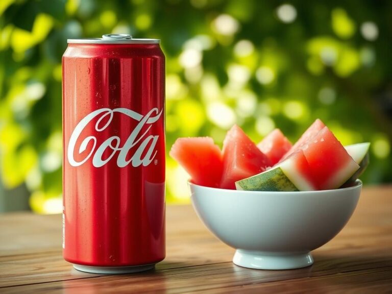 Flick International Close-up of a can of Coke beside fresh watermelon slices on a wooden table, illustrating dietary considerations for migraine relief.