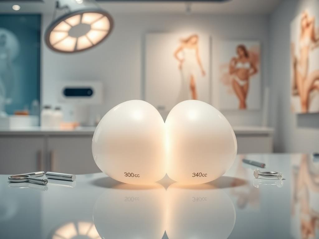 Flick International Close-up of a sleek, modern cosmetic surgery clinic with surgical tools and a glowing breast implant