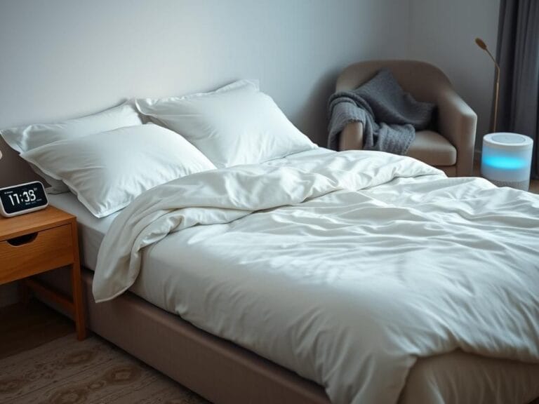 Flick International A serene bedroom scene featuring a made bed with plush pillows and a soft comforter