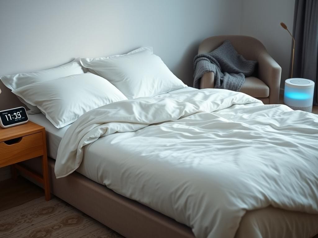 Flick International A serene bedroom scene featuring a made bed with plush pillows and a soft comforter