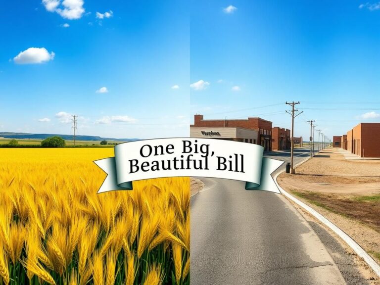 Flick International A split landscape of a thriving agricultural field and a stark urban area illustrating economic disparity