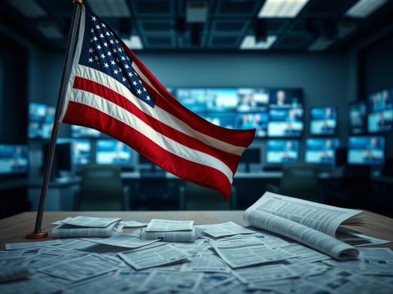 Flick International American flag gently waving in a modern newsroom surrounded by media elements