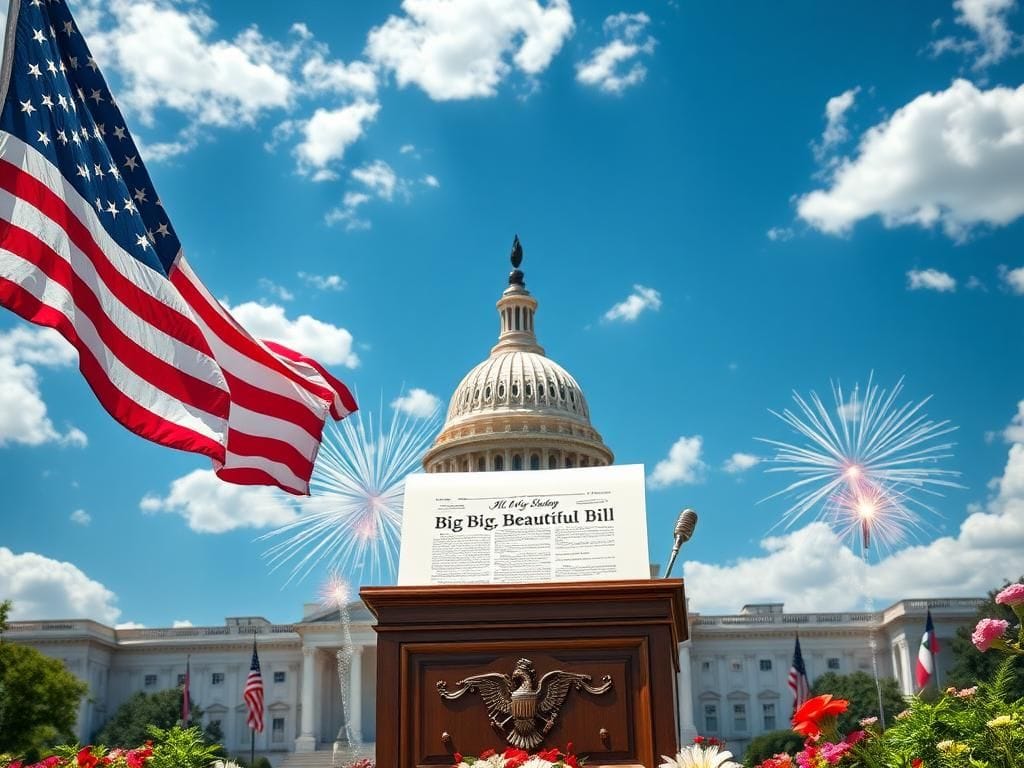 Flick International American flag waving against a blue sky with fireworks and a prominent bill on a podium