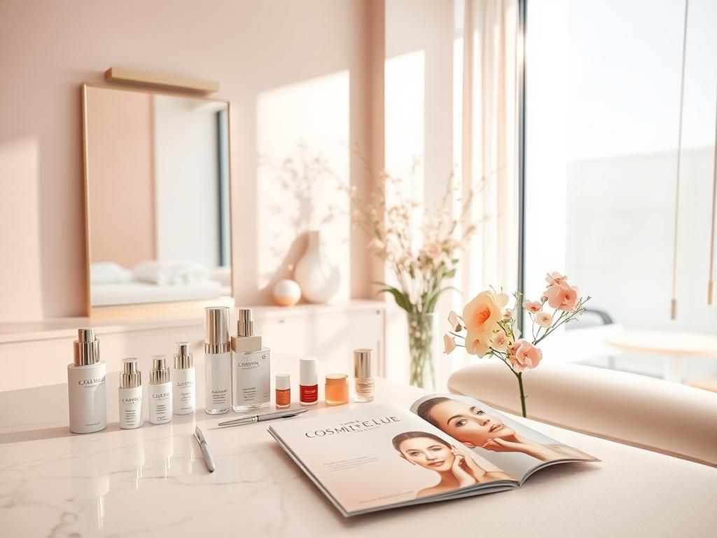 Flick International Elegant beauty clinic interior with modern treatment room and soothing pastel colors