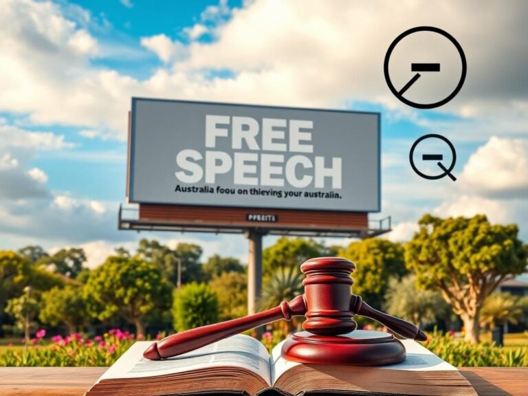 Flick International A large billboard advocating for free speech in a suburban Australian setting with a bright blue sky and lush green surroundings