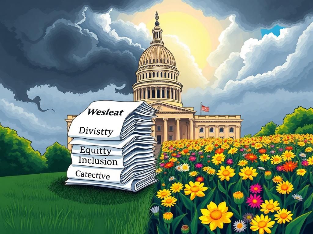 Flick International Illustration of North Carolina state capitol against stormy sky with contrasting symbolism of legislation and blooming flowers.
