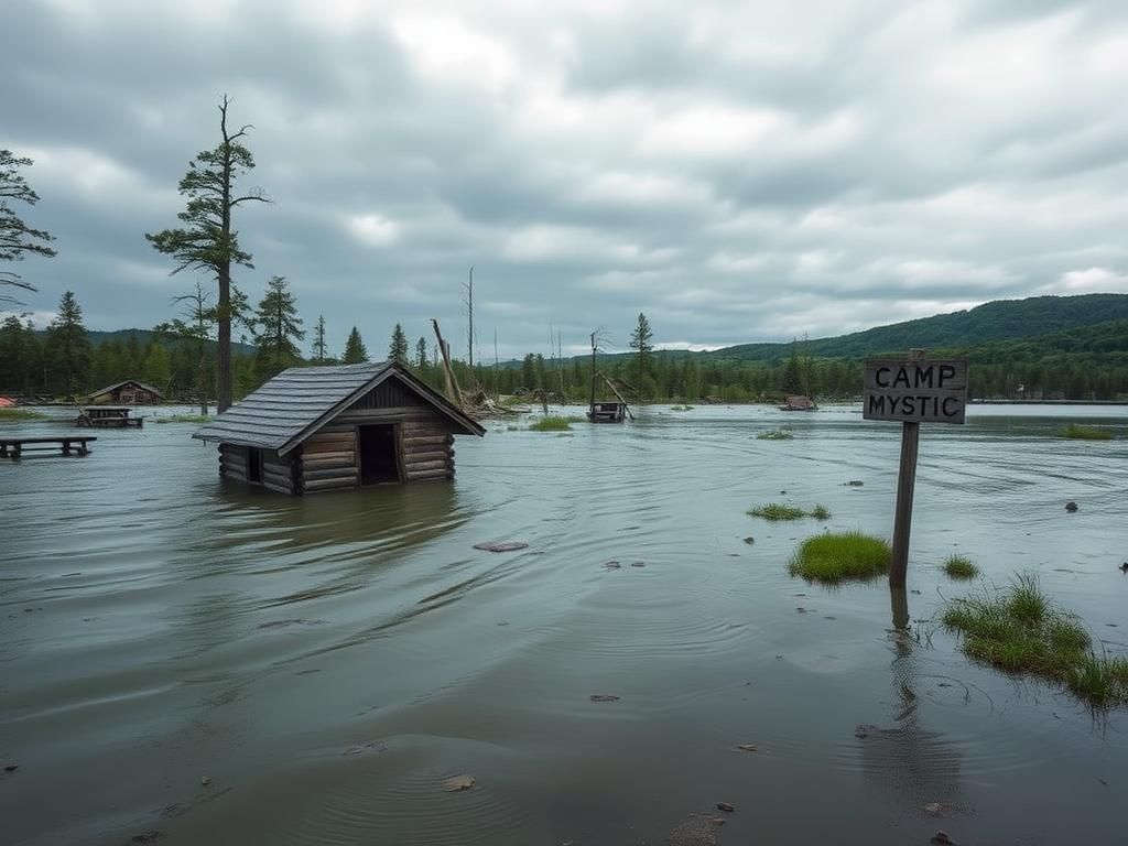 Flick International Damaged wooden cabin and debris from a flood at Camp Mystic, Texas.