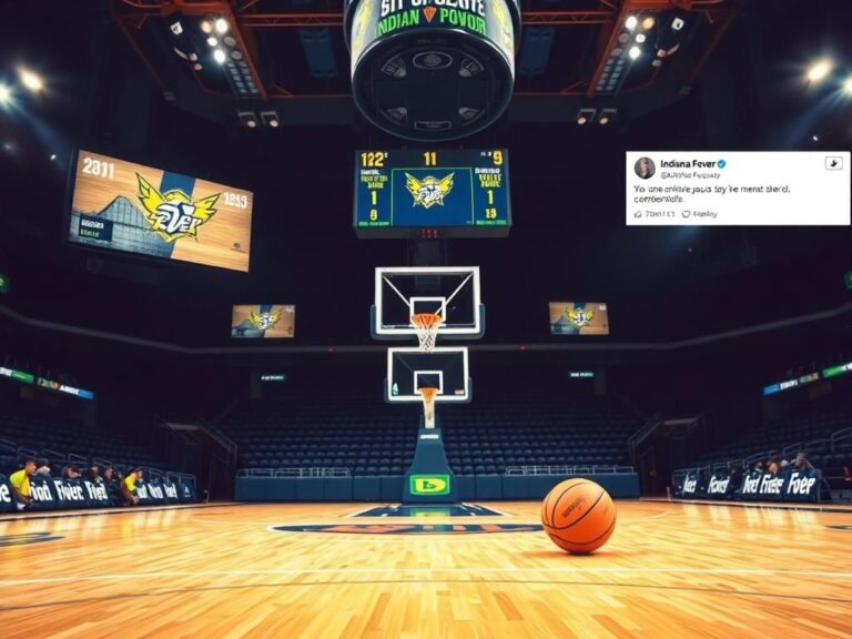 Flick International Basketball court scene featuring an empty hoop and a basketball near the free-throw line, symbolizing the absence of Caitlin Clark.