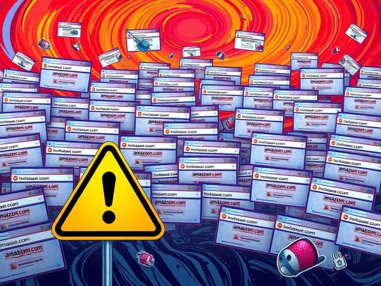 Flick International A chaotic digital landscape showcasing multiple fake Amazon websites with misleading discounts and suspicious URLs.