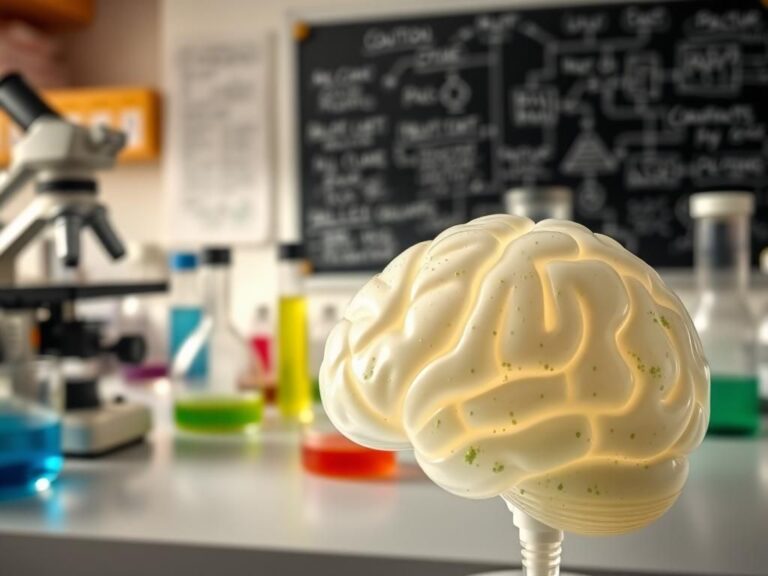 Flick International Close-up of a laboratory scene featuring a brain model made from clear plastic surrounded by scientific equipment and diagrams on microplastics.