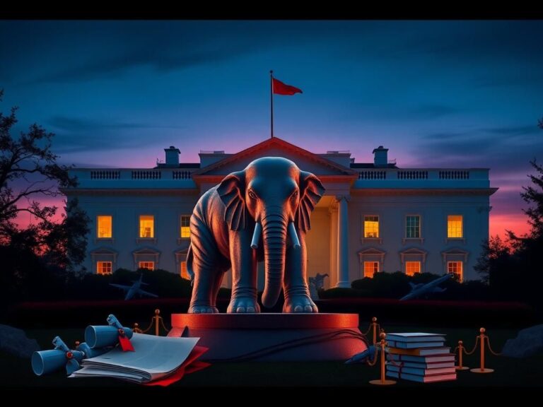 Flick International Grand White House against a twilight sky with a detailed Republican elephant monument in the foreground