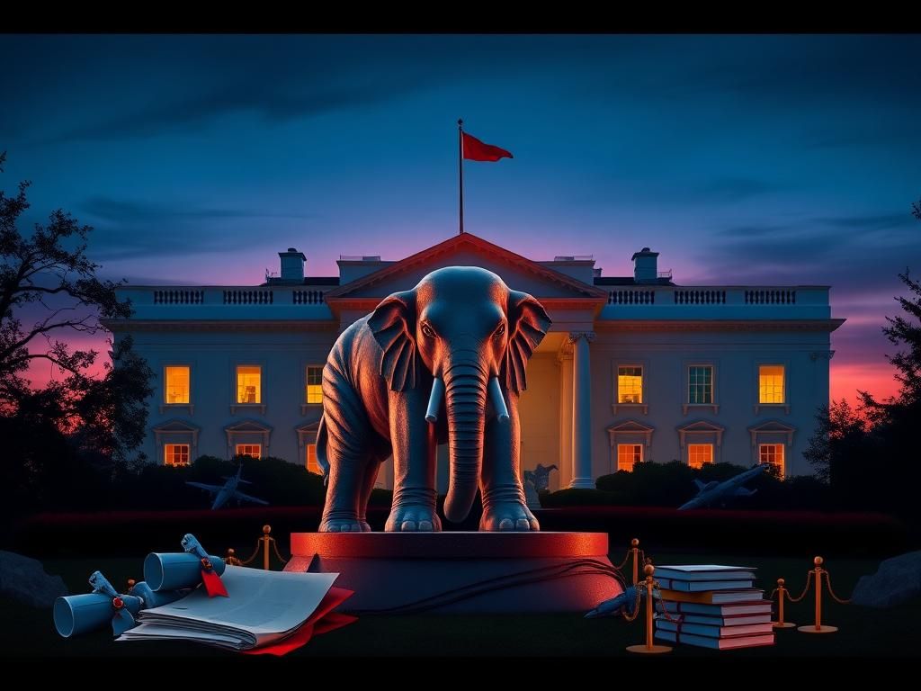Flick International Grand White House against a twilight sky with a detailed Republican elephant monument in the foreground