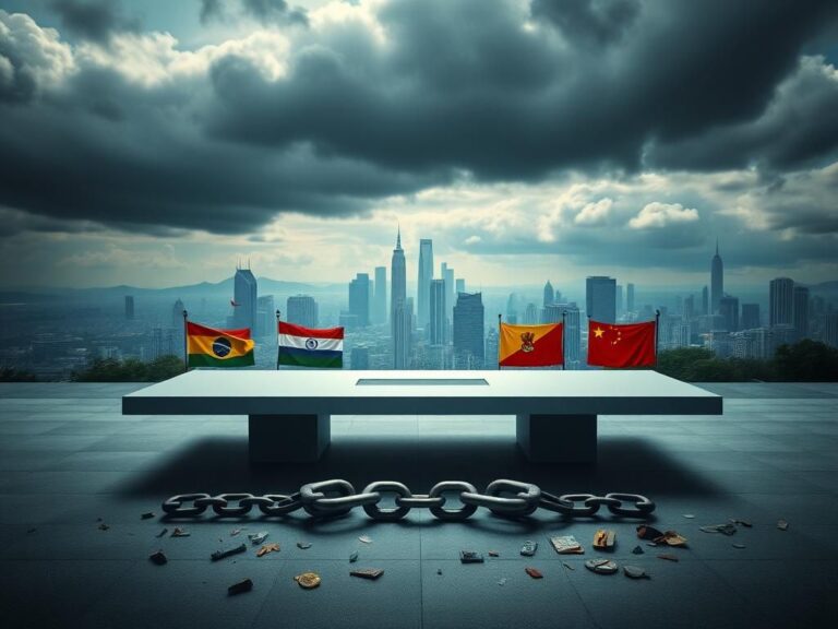 Flick International A starkly modern conference table surrounded by flags of BRICS nations under a cloudy sky.