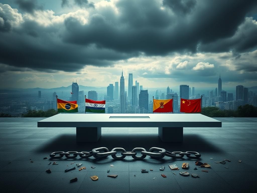 Flick International A starkly modern conference table surrounded by flags of BRICS nations under a cloudy sky.