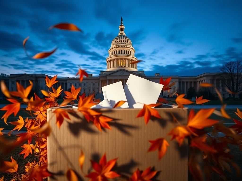 Flick International Panoramic view of the New York State Capitol building against a twilight sky with a weathered ballot box in the foreground