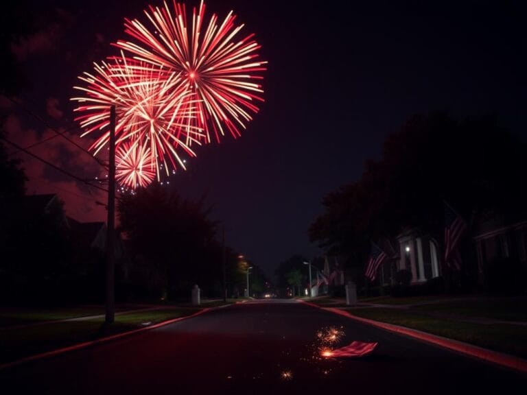 Flick International Dramatic nighttime fireworks display on the Fourth of July over a suburban street with American flags