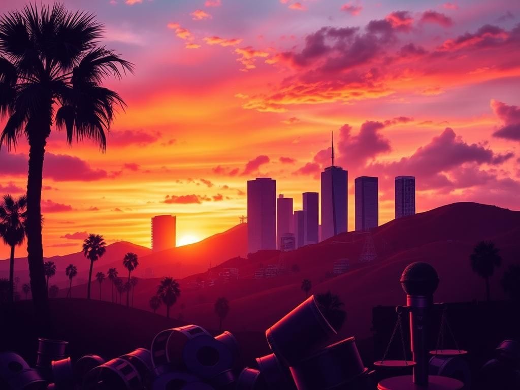 Flick International Vibrant Hollywood skyline at sunset with palm trees and skyscrapers