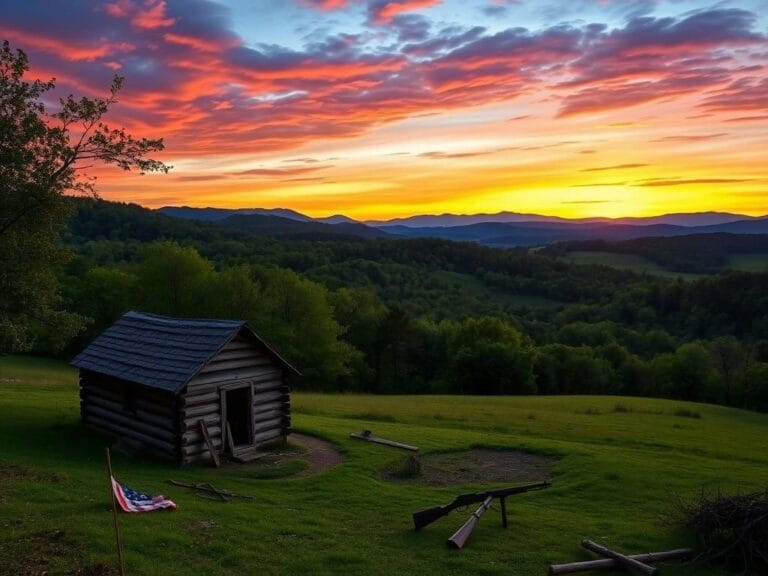 Flick International A rustic wooden cabin in colonial America during dusk, symbolizing early frontier life.