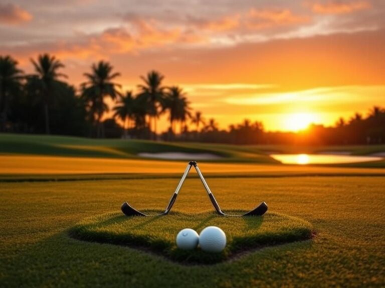 Flick International A serene golf course at sunset with intertwined golf clubs symbolizing love