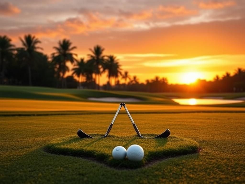 Flick International A serene golf course at sunset with intertwined golf clubs symbolizing love