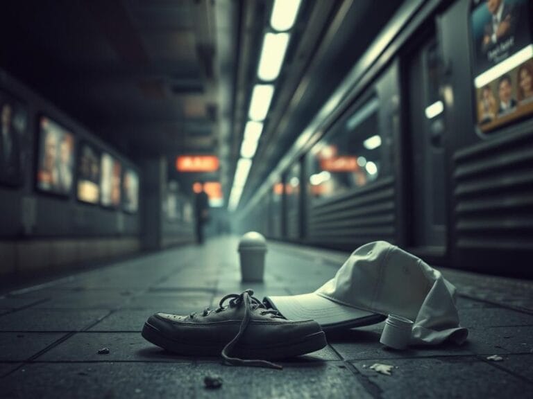 Flick International Gritty subway platform with abandoned sneaker and scuffle remnants