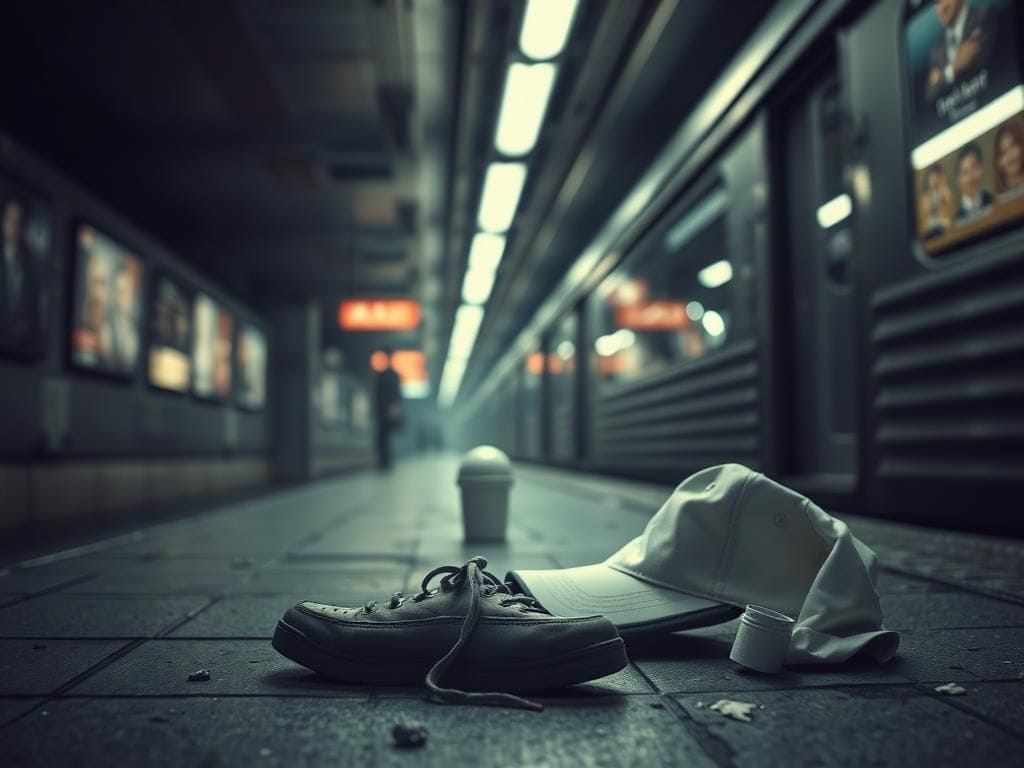 Flick International Gritty subway platform with abandoned sneaker and scuffle remnants