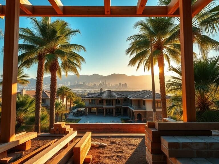 Flick International Serene Los Angeles landscape with luxurious home construction framed by palm trees