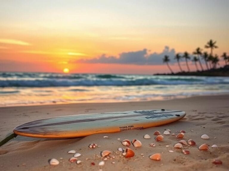 Flick International A serene sunset over a tranquil beach with a weathered surfboard in the sand