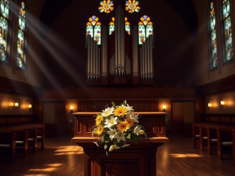 Flick International Serene church sanctuary with ornate pulpit and floral arrangement