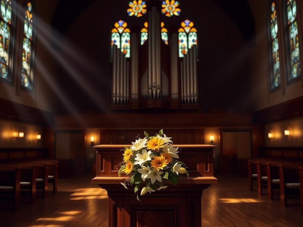 Flick International Serene church sanctuary with ornate pulpit and floral arrangement