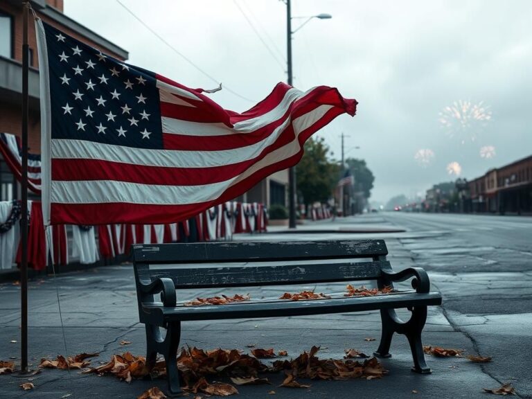 Flick International A weathered American flag flapping in the wind on a desolate July 4th scene