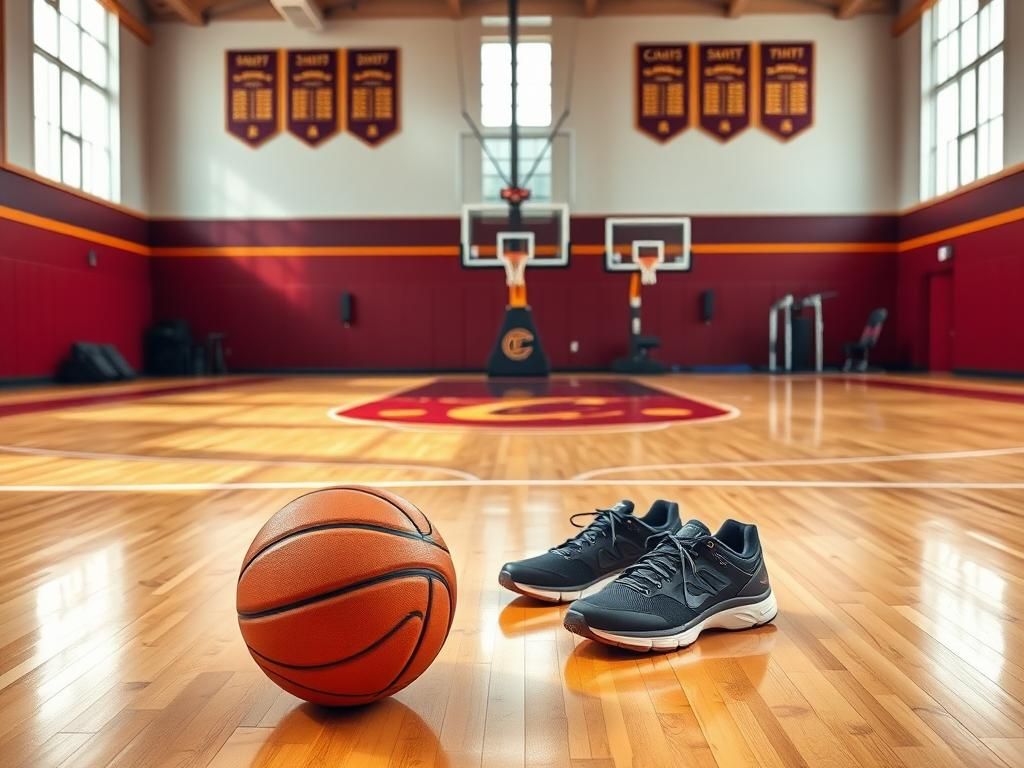 Flick International A basketball training facility with polished wooden floors and a basketball next to unused sneakers