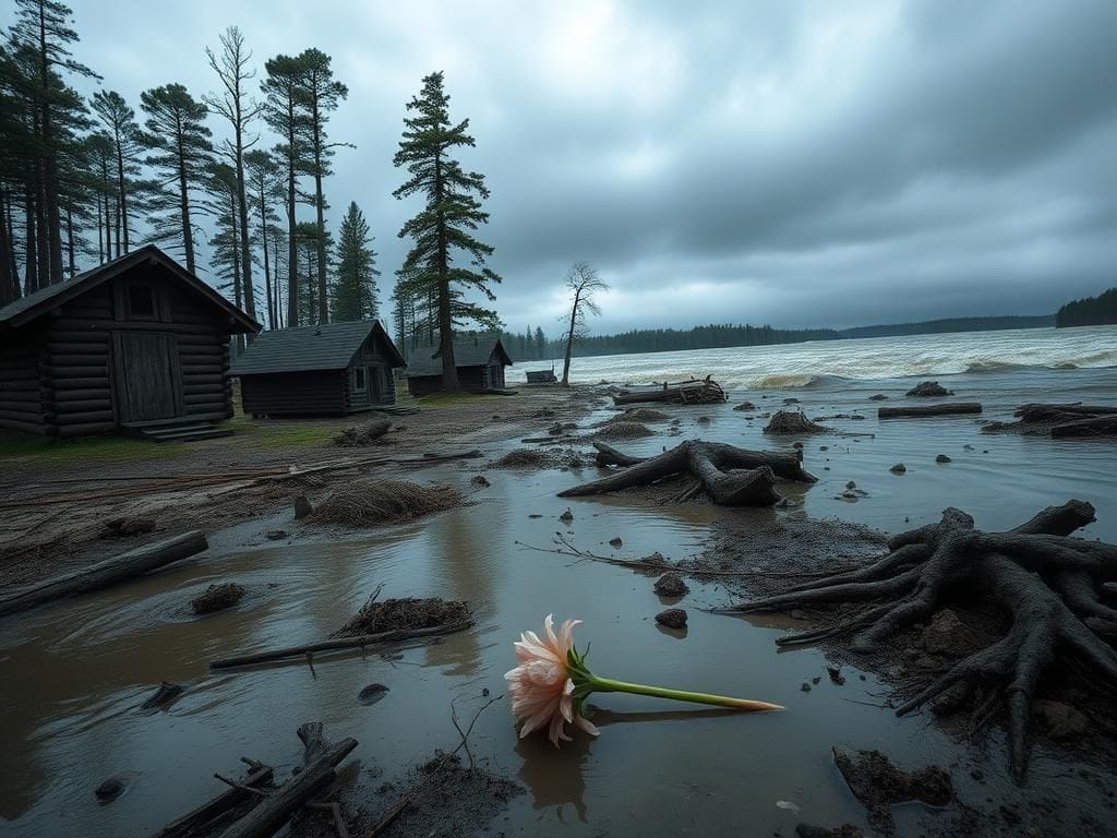 Flick International Serene landscape of a flooded summer camp with submerged cabins and debris