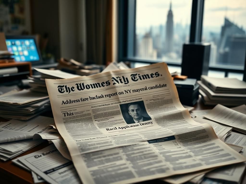 Flick International Cluttered desk with open newspapers featuring NYC mayoral candidate report