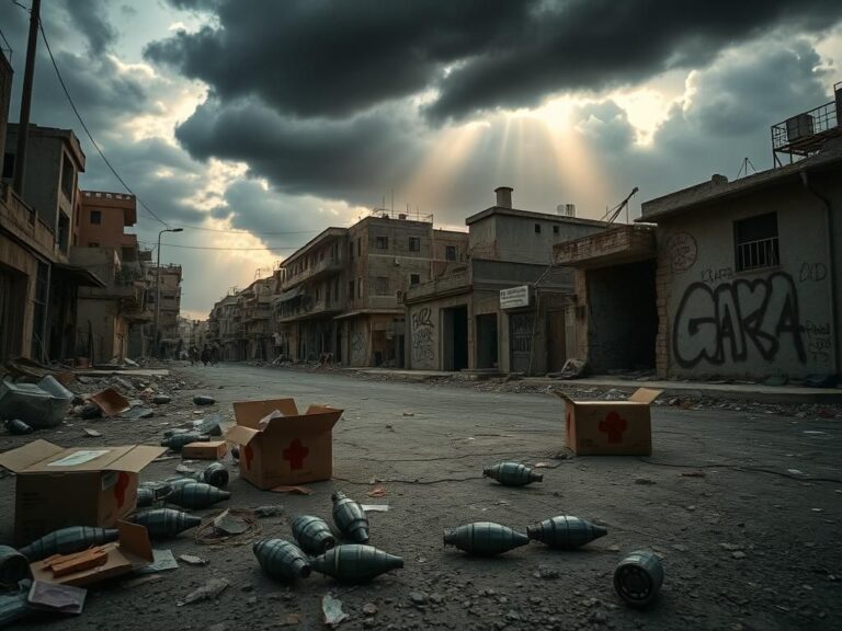 Flick International A desolate street in Gaza littered with aid supplies and remnants of violence