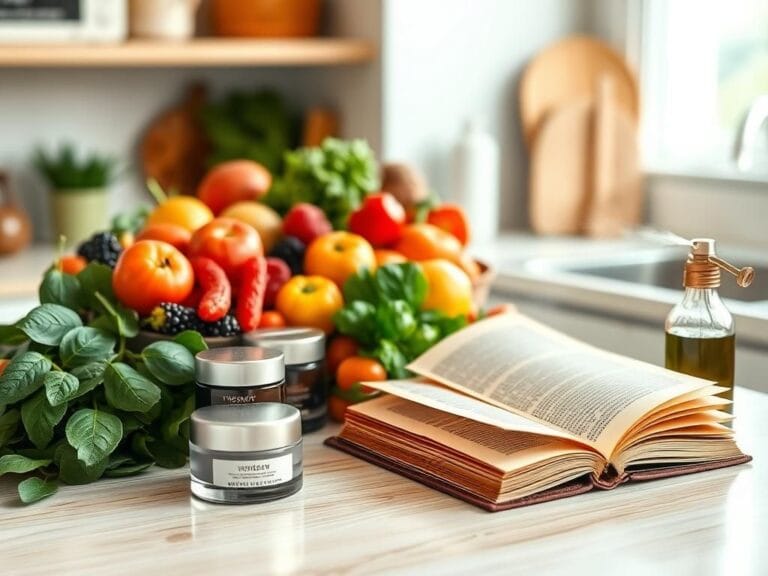 Flick International A serene kitchen countertop featuring fresh antioxidant-rich foods and skincare products arranged artfully