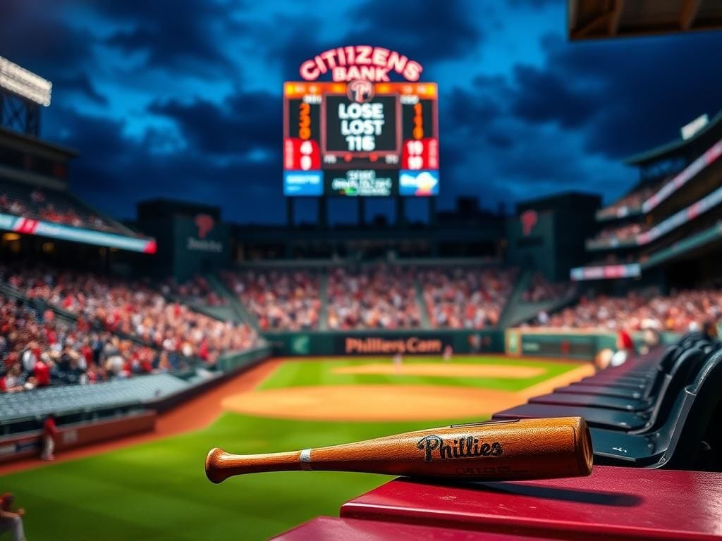 Flick International A vibrant night view of Citizens Bank Park showcasing the empty seats and Phillies dugout after a tense game.