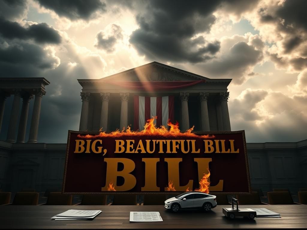 Flick International Grand GOP Senate chamber with a historic American flag and a sign reading 'Big, Beautiful Bill'