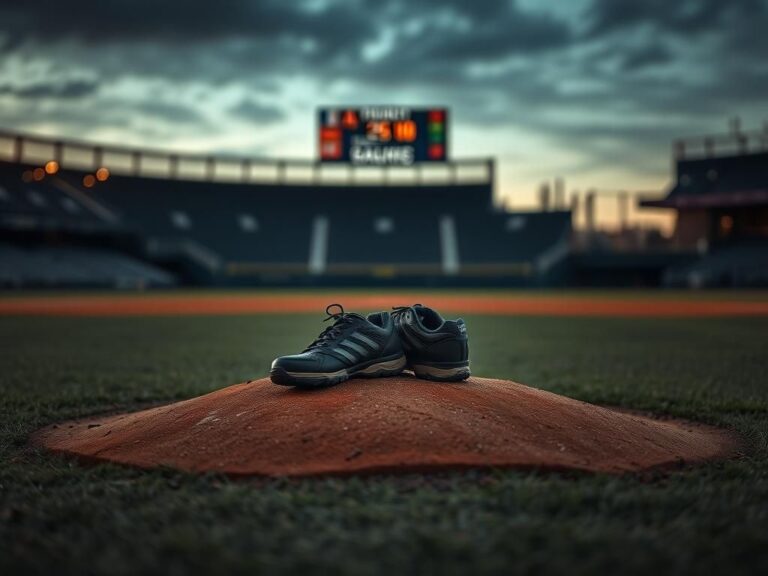Flick International Somber baseball diamond at dusk with a worn pitcher's mound and abandoned cleats symbolizing loss
