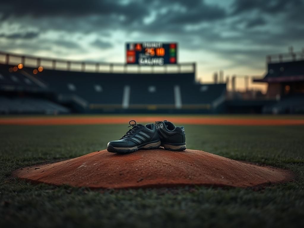 Flick International Somber baseball diamond at dusk with a worn pitcher's mound and abandoned cleats symbolizing loss