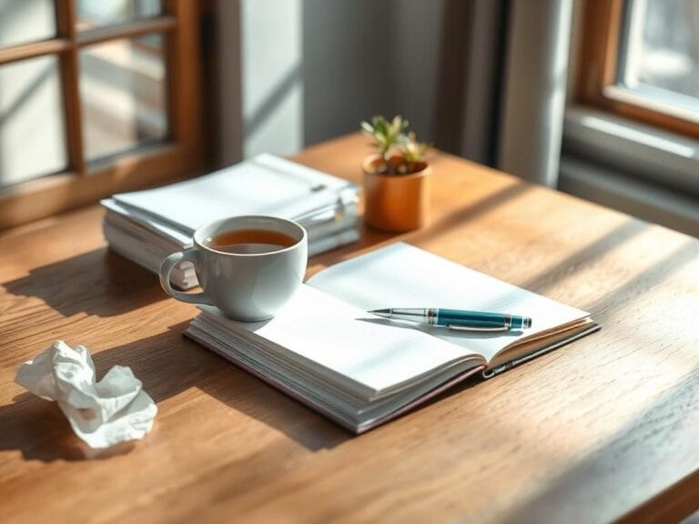 Flick International A serene workspace with a wooden desk, tea, and a crumpled tissue representing emotional moments.