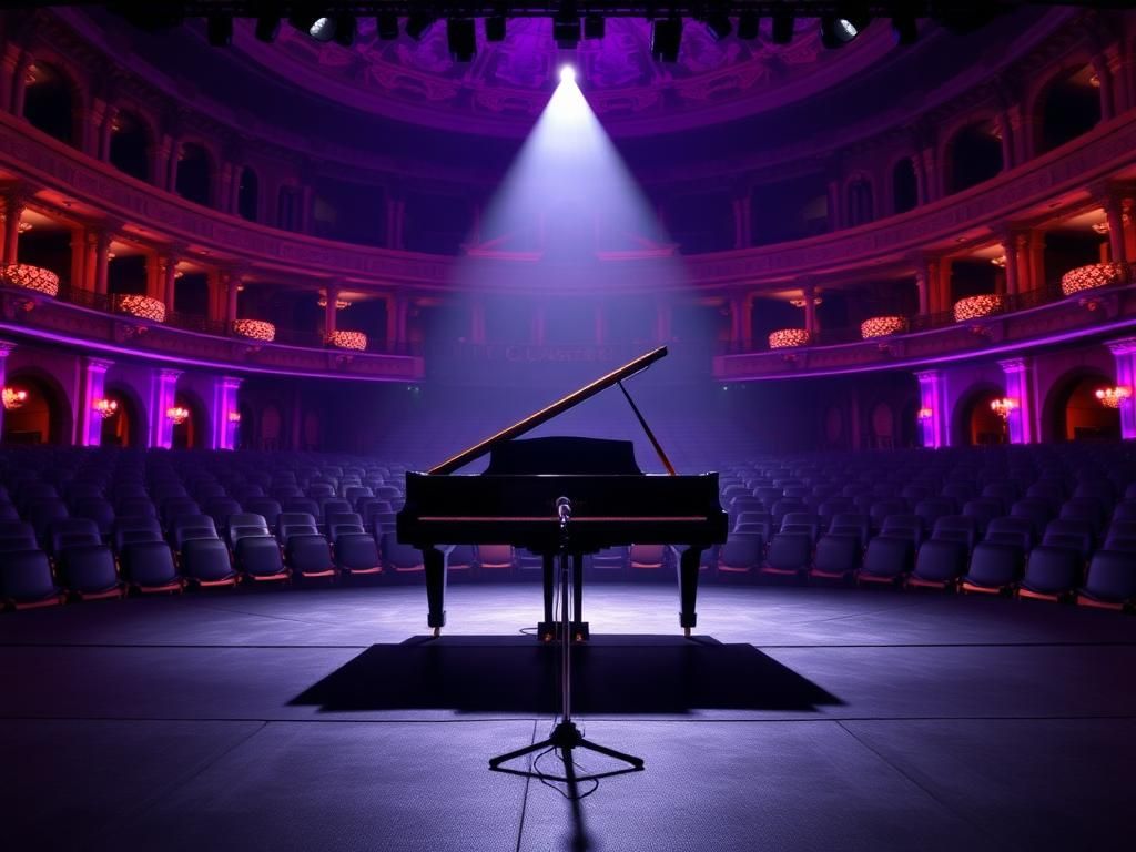 Flick International Dimly lit stage with a grand piano and spotlight at The Colosseum, Caesars Palace