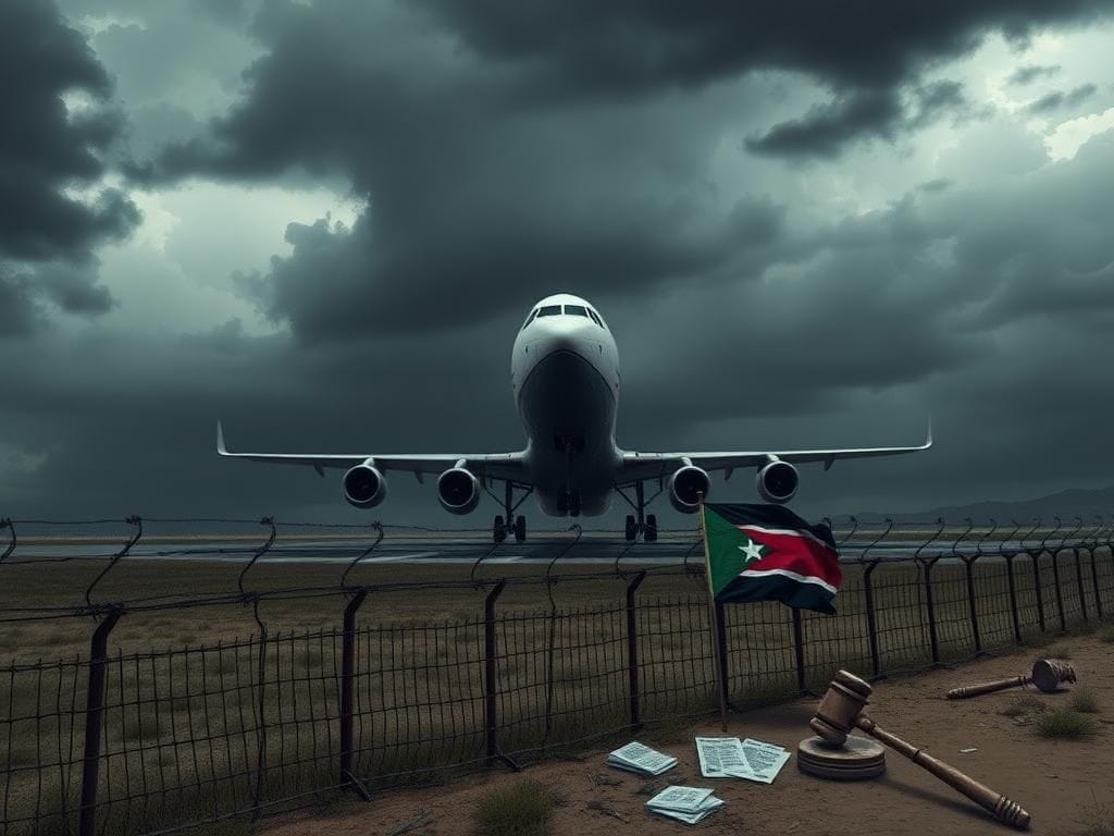 Flick International Darkened landscape with a weathered airplane and rugged border wall, symbolizing recent deportations to South Sudan.
